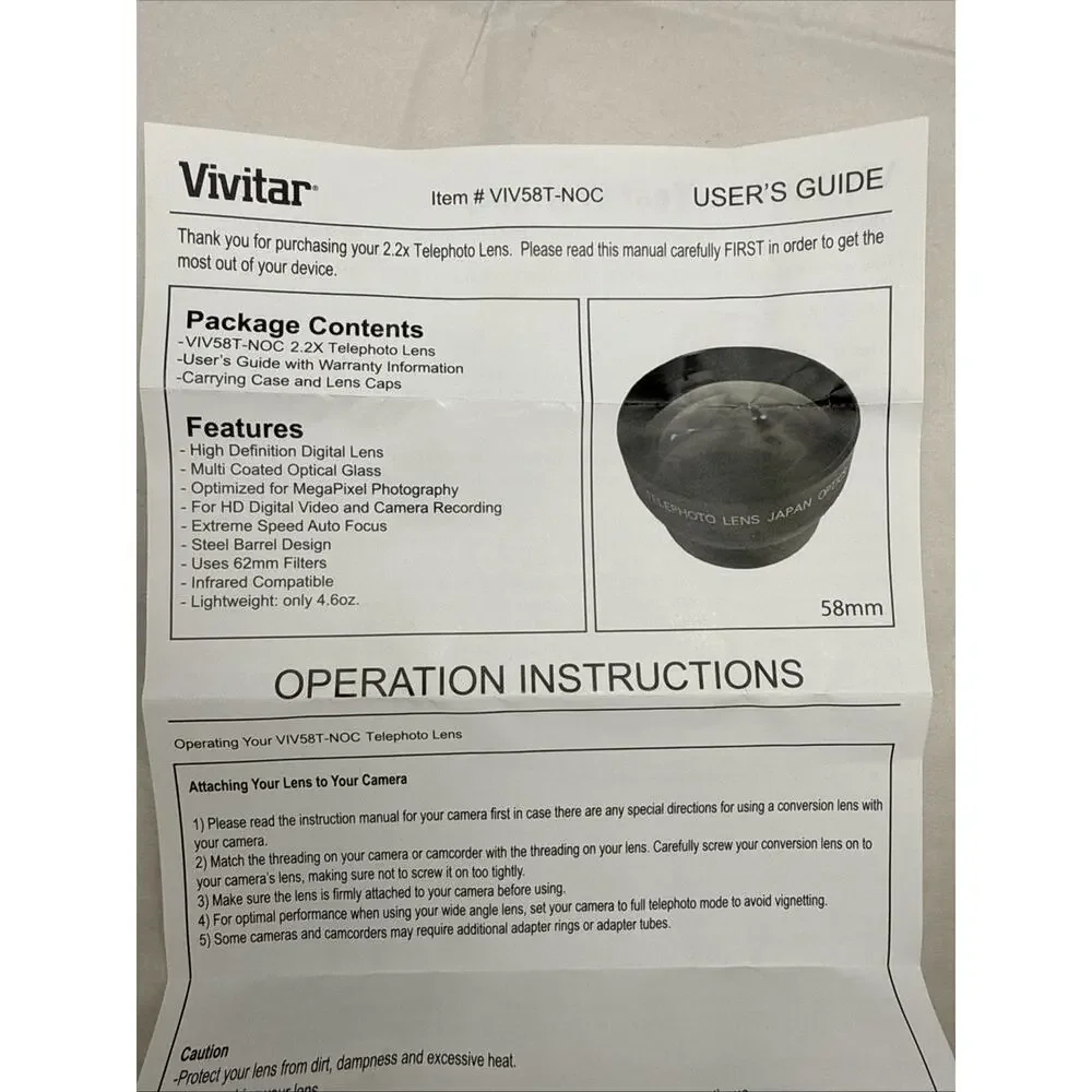 Vivitar 2.2x Professional Telephoto Lens 58mm HD4 Optics VIV-58T Unused *READ...